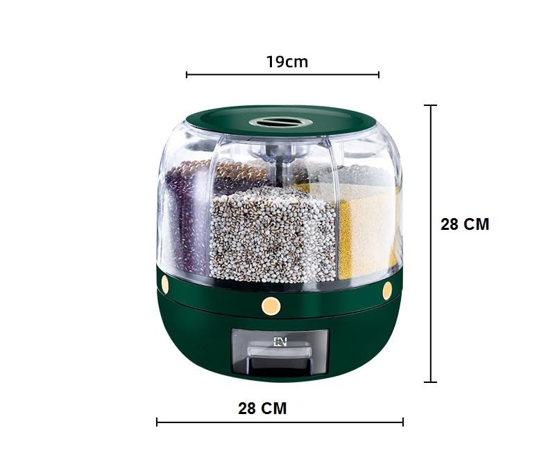 Delavala Large Grain Dispenser, Grain - Rice Storage Container Kitchen, 360° Rotating 6 Grid Cereal Dispenser, Dry Food Soybean Corn Sugar Flour Dog Cat Food spice Rack Dispenser Bucket (Green, 28 cm) - Image 2