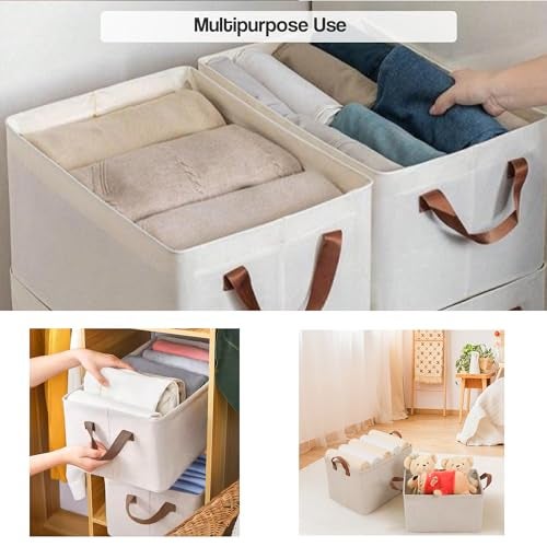 Yellow Weaves 3 Pcs Wardrobe Organizer for Clothes, Foldable Clothes Storage Baskets for Wardrobe, Toys, Books, Saree, Shirts, and Blankets Storage Box with Handles - Beige - Image 2