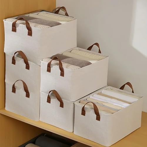 Yellow Weaves 3 Pcs Wardrobe Organizer for Clothes, Foldable Clothes Storage Baskets for Wardrobe, Toys, Books, Saree, Shirts, and Blankets Storage Box with Handles - Beige - Image 1