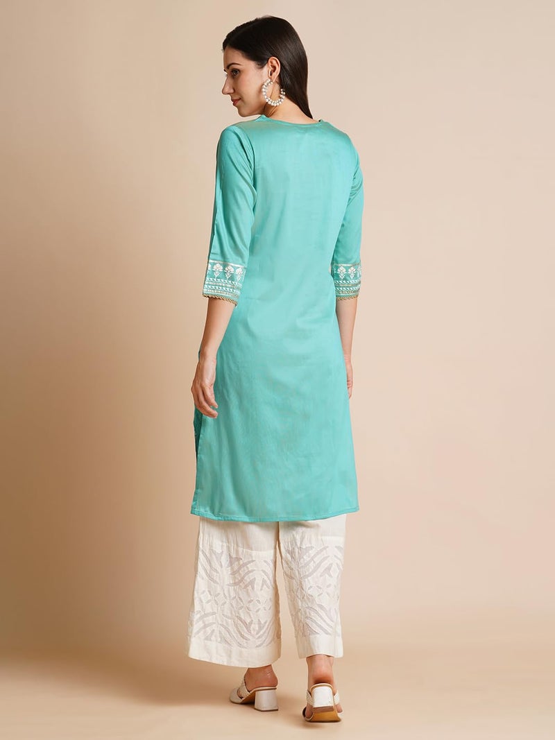 RATAN Art Silk Gold Printed Straight Kurta for Women | Kurti for Women (EILA-148-Large_Blue) - Image 3