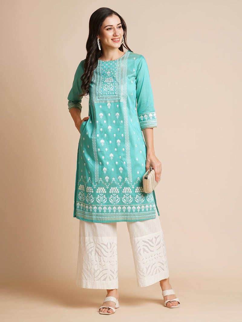 RATAN Art Silk Gold Printed Straight Kurta for Women | Kurti for Women (EILA-148-Large_Blue) - Image 5