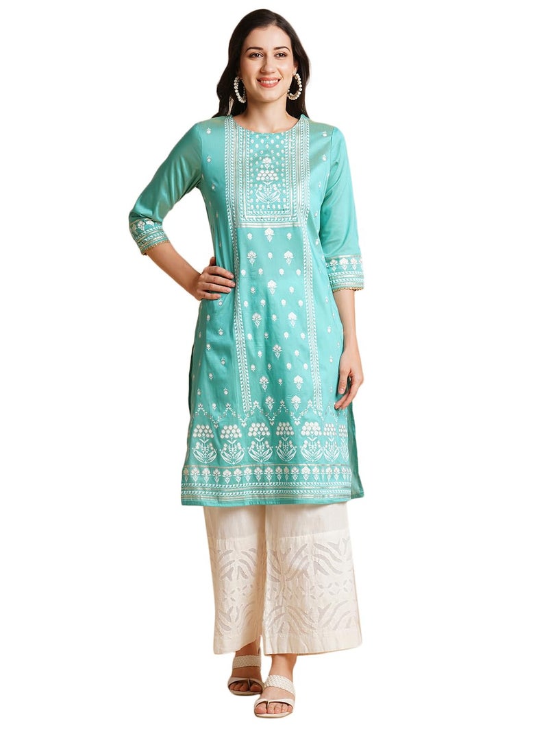 RATAN Art Silk Gold Printed Straight Kurta for Women | Kurti for Women (EILA-148-Large_Blue) - Image 1