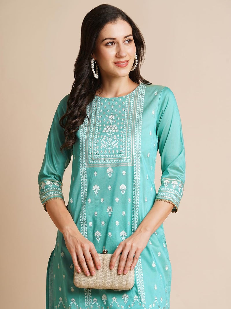 RATAN Art Silk Gold Printed Straight Kurta for Women | Kurti for Women (EILA-148-Large_Blue) - Image 4