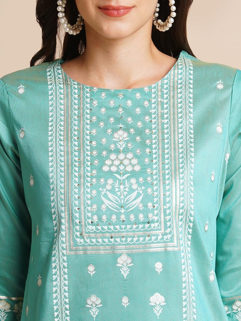 RATAN Art Silk Gold Printed Straight Kurta for Women | Kurti for Women (EILA-148-Large_Blue) - Image 2