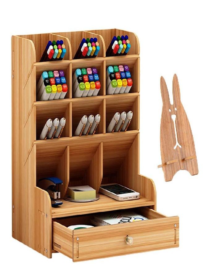 Marbrasse Marbrasse Wooden Desk Organizer, Multi-Functional DIY Pen Holder, Organizer for desk, Desktop Stationary, Easy Assembly, Home Office Art Supplies Storage with Drawer (B11-Cherry Color)  - Image 1