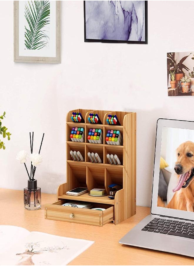 Marbrasse Marbrasse Wooden Desk Organizer, Multi-Functional DIY Pen Holder, Organizer for desk, Desktop Stationary, Easy Assembly, Home Office Art Supplies Storage with Drawer (B11-Cherry Color)  - Image 2