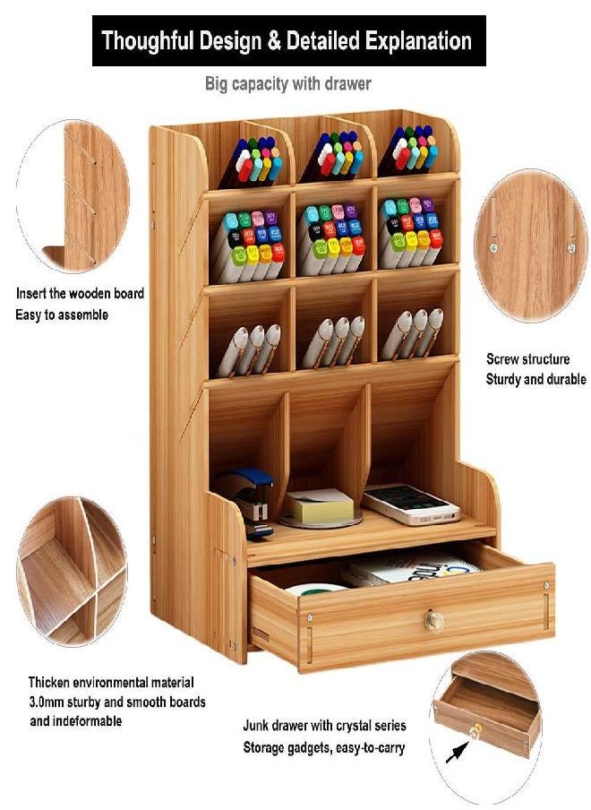 Marbrasse Marbrasse Wooden Desk Organizer, Multi-Functional DIY Pen Holder, Organizer for desk, Desktop Stationary, Easy Assembly, Home Office Art Supplies Storage with Drawer (B11-Cherry Color)  - Image 3