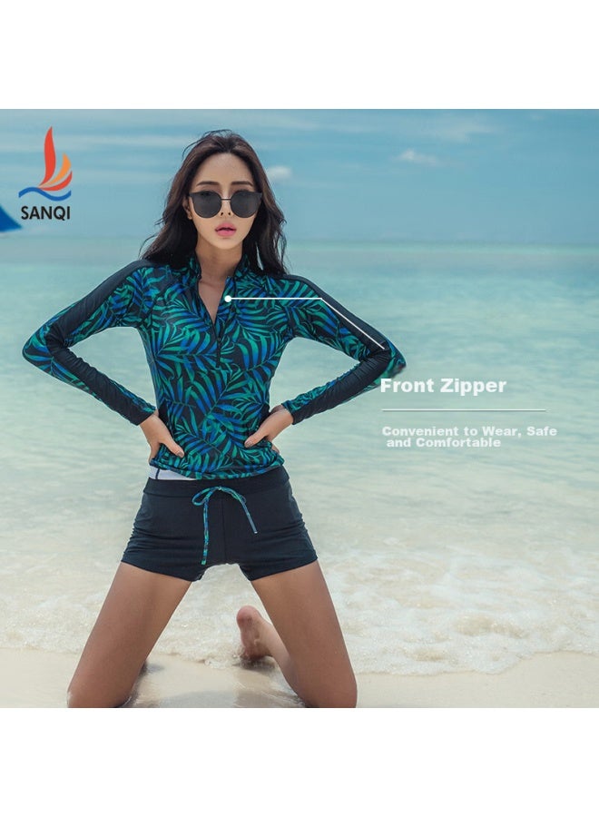 Sanqi Women's Long-sleeve Two-piece Swimsuit With Boyshort Bottom, Conservative, Slimming, Suitable For Students, Hot Springs, Plus Size Swimwear 18086 Black Xxl - Image 2