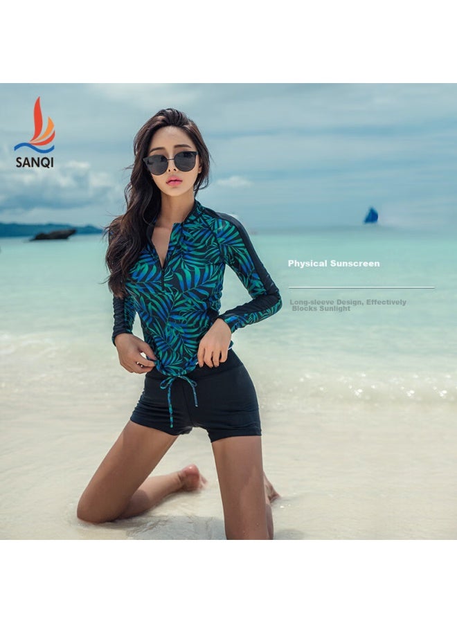 Sanqi Women's Long-sleeve Two-piece Swimsuit With Boyshort Bottom, Conservative, Slimming, Suitable For Students, Hot Springs, Plus Size Swimwear 18086 Black Xxl - Image 3