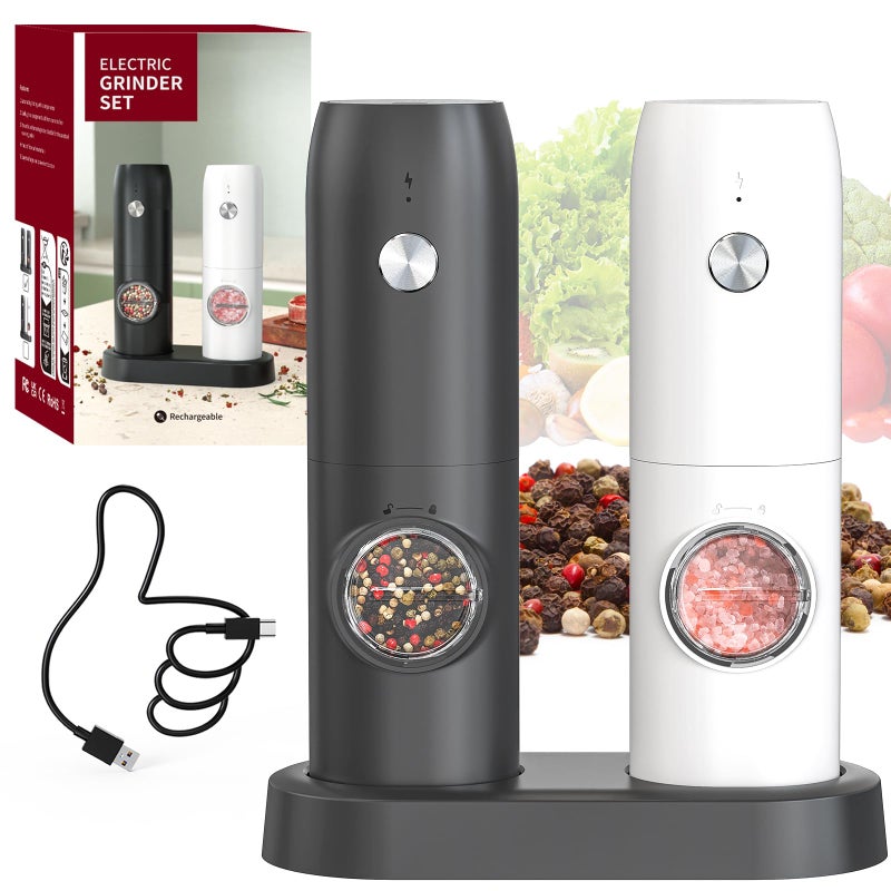 CIRCLE JOY Electric Pepper Grinder Mills Rechargeable Salt and Pepper Set with Charging Base Ceramic Grind and Adjustable Coarseness Automatic Grinder for Home Kitchen Black White