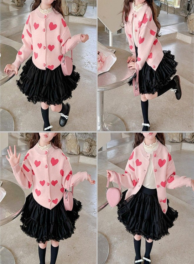 Curipeer Toddler Girls Pink Heart Sweater Cardigan Valentine Day Love Pattern Knit Sweaters Outfits 5T - Image 2
