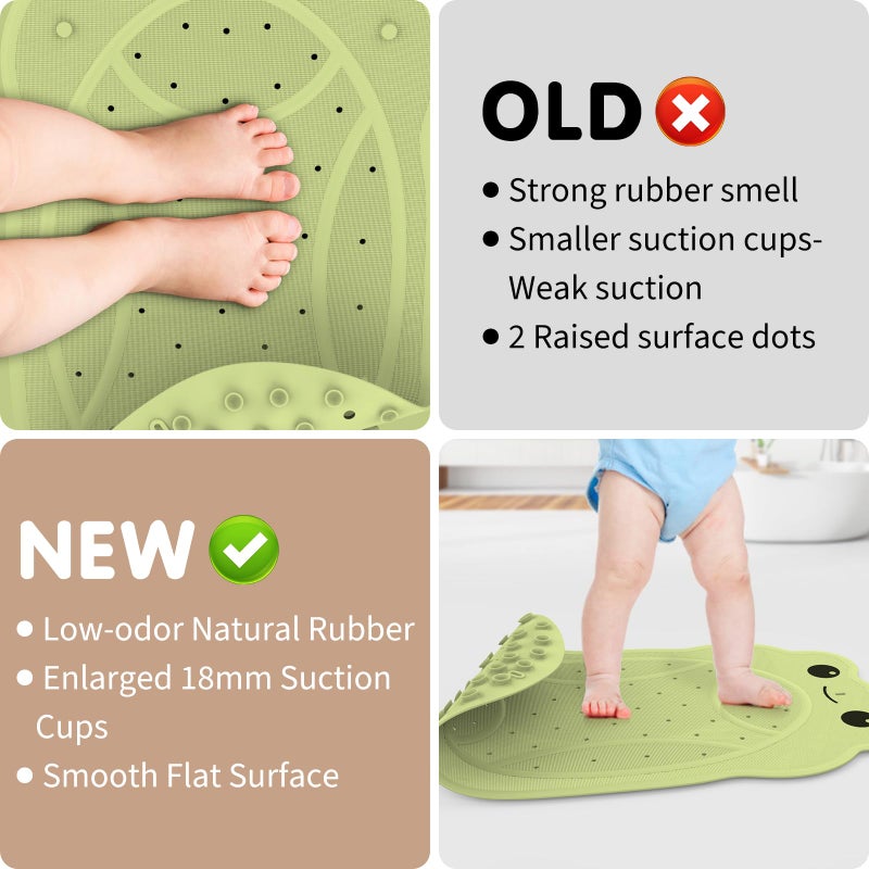 JOYCANO Upgraded Kids Bathtub Mat Non Slip, Low-Odor Natural Rubber Bath Mat with Strong 18mm Suction Cups, Flat Non-Slip Surface, 30"x18" Cute Frog Design, Shower Mat Fast Draining for Smooth Tubs, Green - Image 3