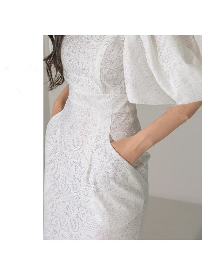 White Off Shoulder Lantern Sleeve Lace Slit Bodycon Evening Dress