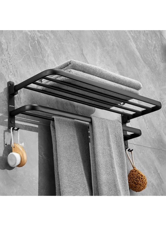 Plantex Space Aluminium Folding Towel Rack with Fix Towel Rod/Bathroom Towel Hanger for Wall/Towel Hanger with Hook/(24 Inch, Black) - Pack of 1 - Image 1