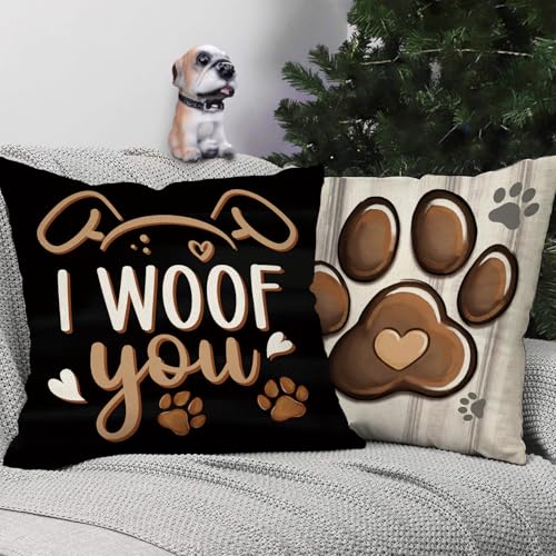 Fjfz Dog Paw Print Home Decorative Throw Pillow Covers 18 x 18 Set of 4, Black Dog House I Woof You Porch Outdoor Home Decor, Bone Farmhouse Rustic Couch Cushion Case Pet Lover Gifts - Image 4
