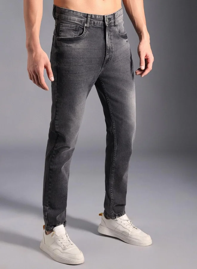 HIGH STAR Men's Grey 100% Cotton Bleached Full Length Tapered Fit Jeans