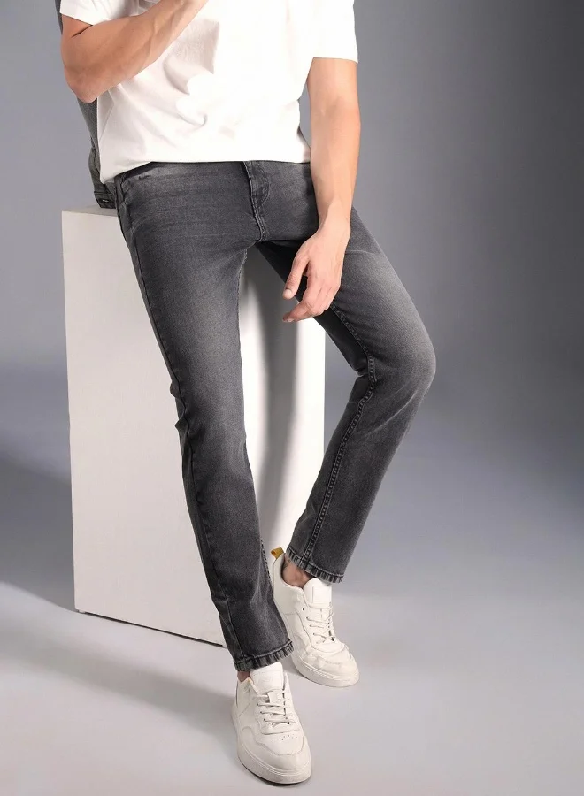 HIGH STAR Men's Grey 100% Cotton Bleached Full Length Tapered Fit Jeans