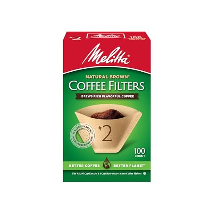 Melitta #2 Cone Coffee Filters, Natural Brown, 100 Count - Fits all 2-6 Cup Cone Coffee Makers and 1-cup Pour-Over Brewers, Compostable, Tear-Resistant, Made in USA