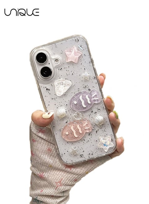 For iPhone 16 Phone Case - 3D Star Little Fish Shiny Phone Case - Clear Phone Case - Stylish and Simple Phone Case - TPU Drop Protection