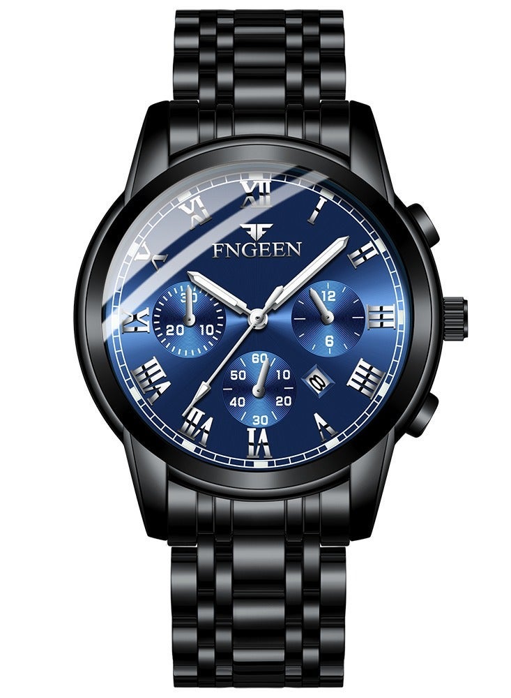 Men's Watch Fashion Stainless Steel Quartz Waterproof Watch 42mm Black Blue