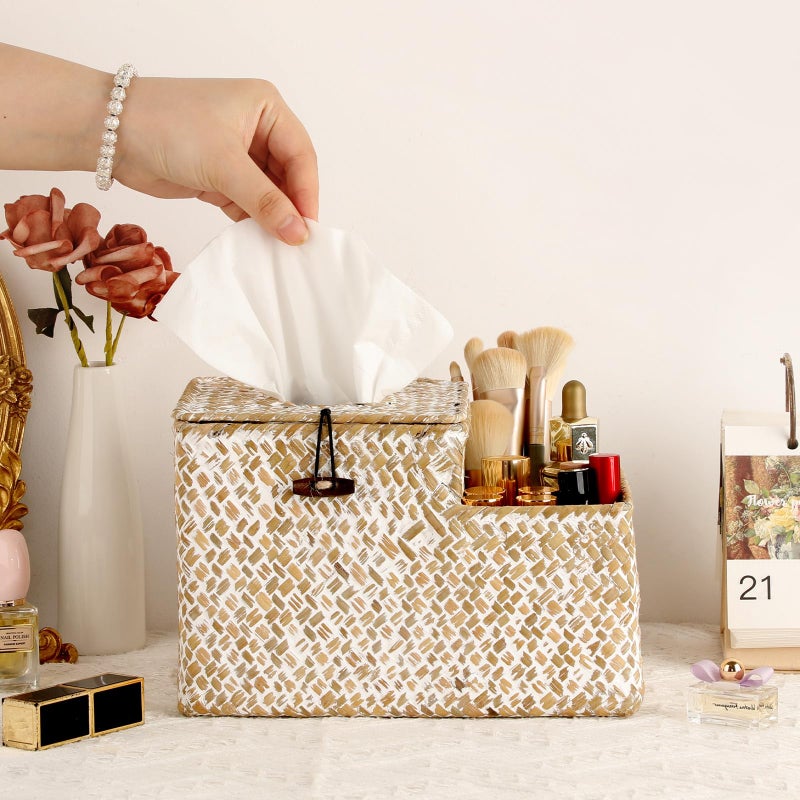 Sumnacon Tissue Box Cover Square Tissue Box Woven Seagrass Tissue Box Holder with Side Organizer, Rustic Tissue Holder for Living Room Bathroom Bedroom Kitchen Office Table Desk, White - Image 2