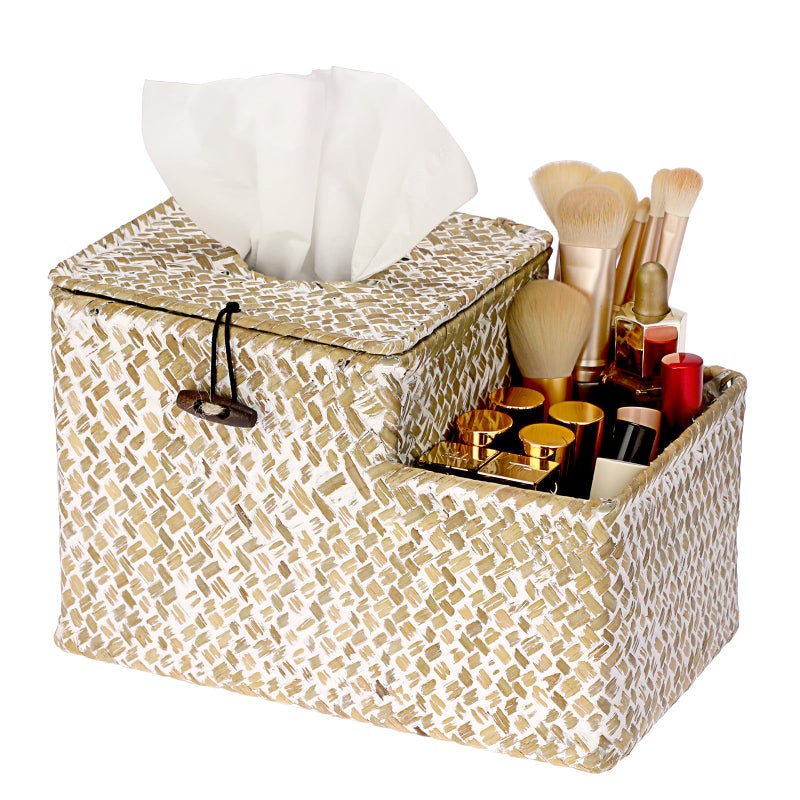 Sumnacon Tissue Box Cover Square Tissue Box Woven Seagrass Tissue Box Holder with Side Organizer, Rustic Tissue Holder for Living Room Bathroom Bedroom Kitchen Office Table Desk, White - Image 1