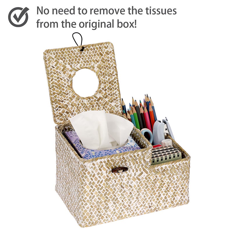Sumnacon Tissue Box Cover Square Tissue Box Woven Seagrass Tissue Box Holder with Side Organizer, Rustic Tissue Holder for Living Room Bathroom Bedroom Kitchen Office Table Desk, White - Image 5
