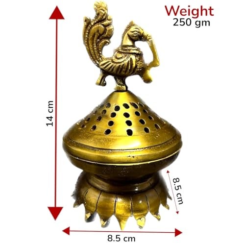 Kridaykraft Metal Brass Color Finish Dhoop Dani | Bakhoor Holder | Loban Burner | Incense Holder, Handcrafted Metal Peacock Shaped Aroma Diffuser Oil Burner| Aroma Oil Diffuser for Home - Image 2