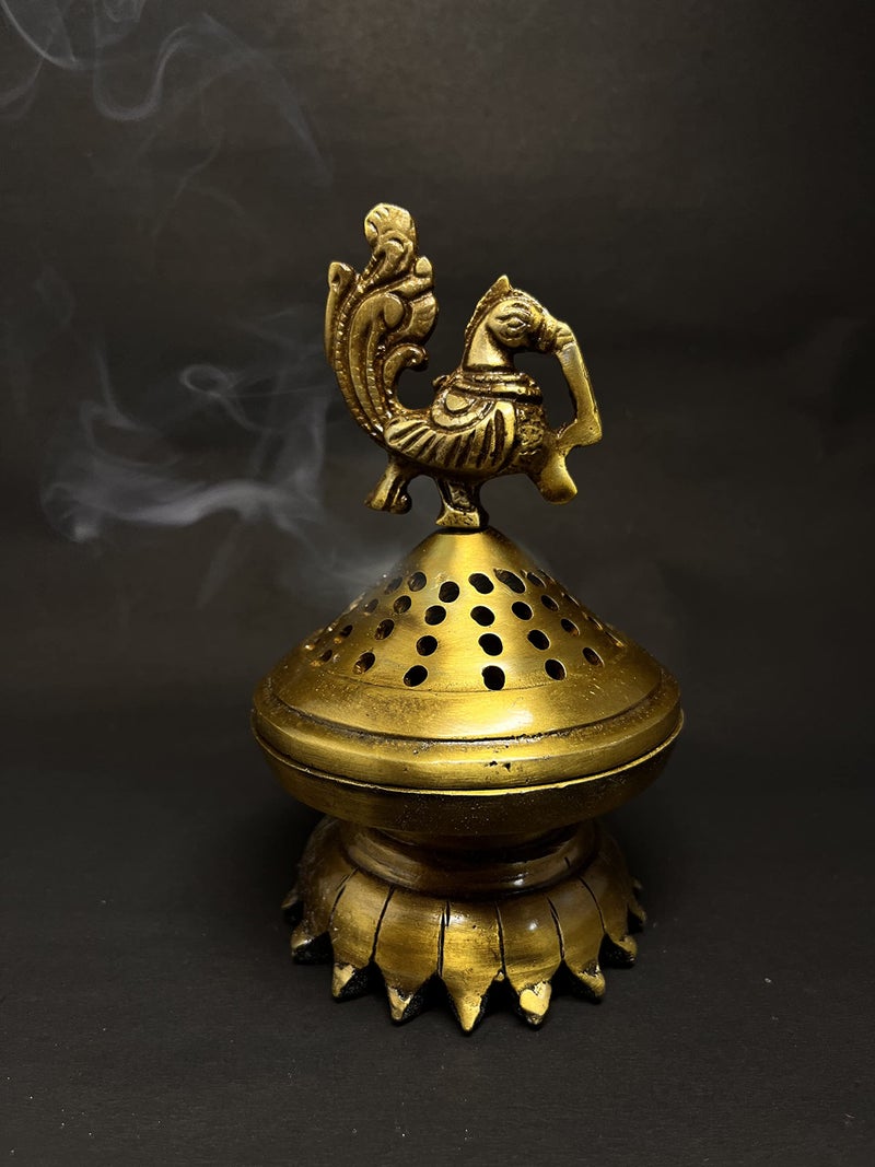 Kridaykraft Metal Brass Color Finish Dhoop Dani | Bakhoor Holder | Loban Burner | Incense Holder, Handcrafted Metal Peacock Shaped Aroma Diffuser Oil Burner| Aroma Oil Diffuser for Home - Image 1