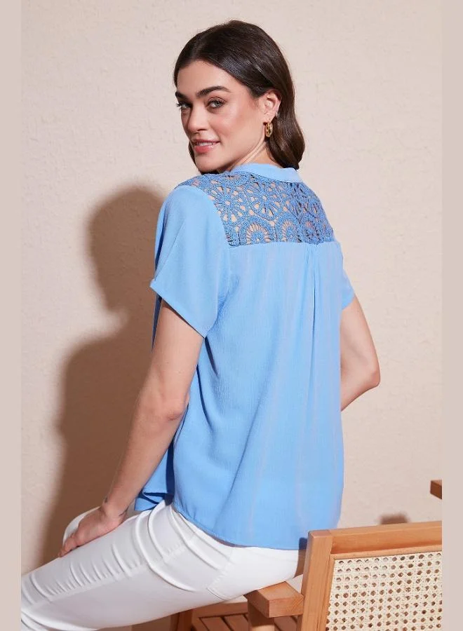 Lela Lela Guipure Detail 100% Cotton Regular Fit V-Neck Blouse Women's Blouse 611BZ0286