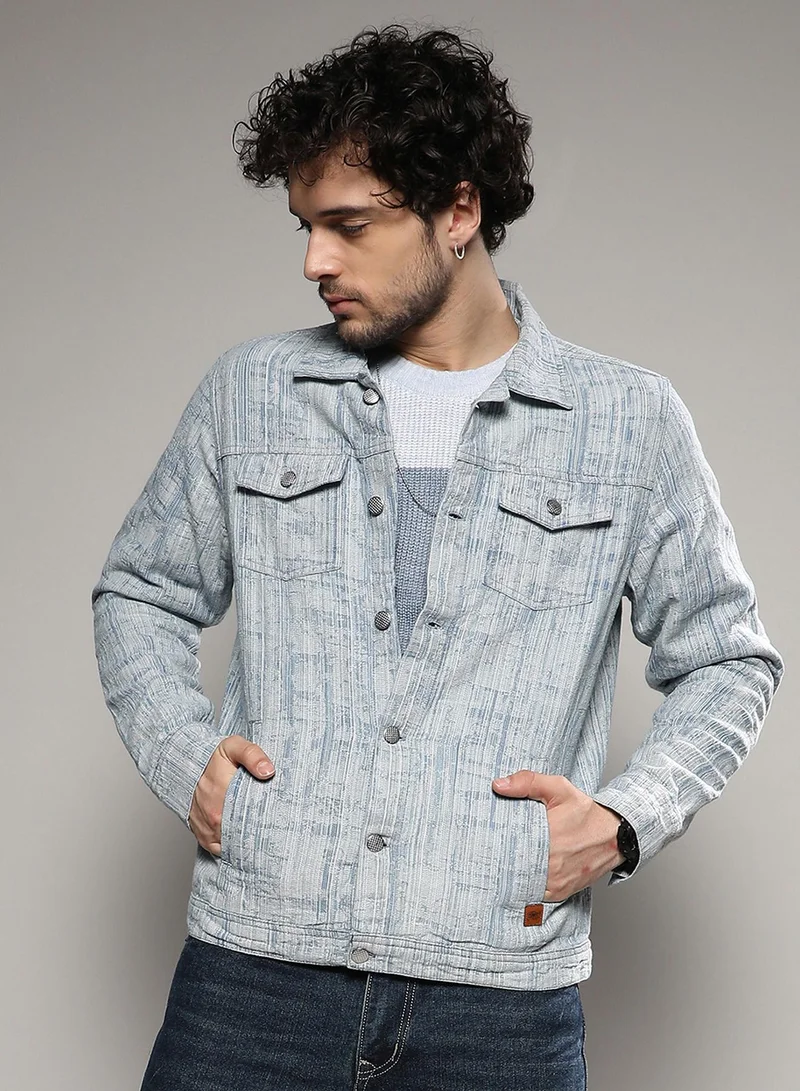 Campus Sutra Men's Misty Blue Textured-Trucker Denim Jacket