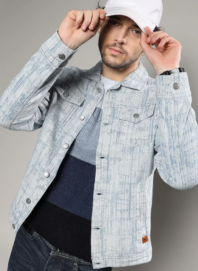 Campus Sutra Men's Misty Blue Textured-Trucker Denim Jacket
