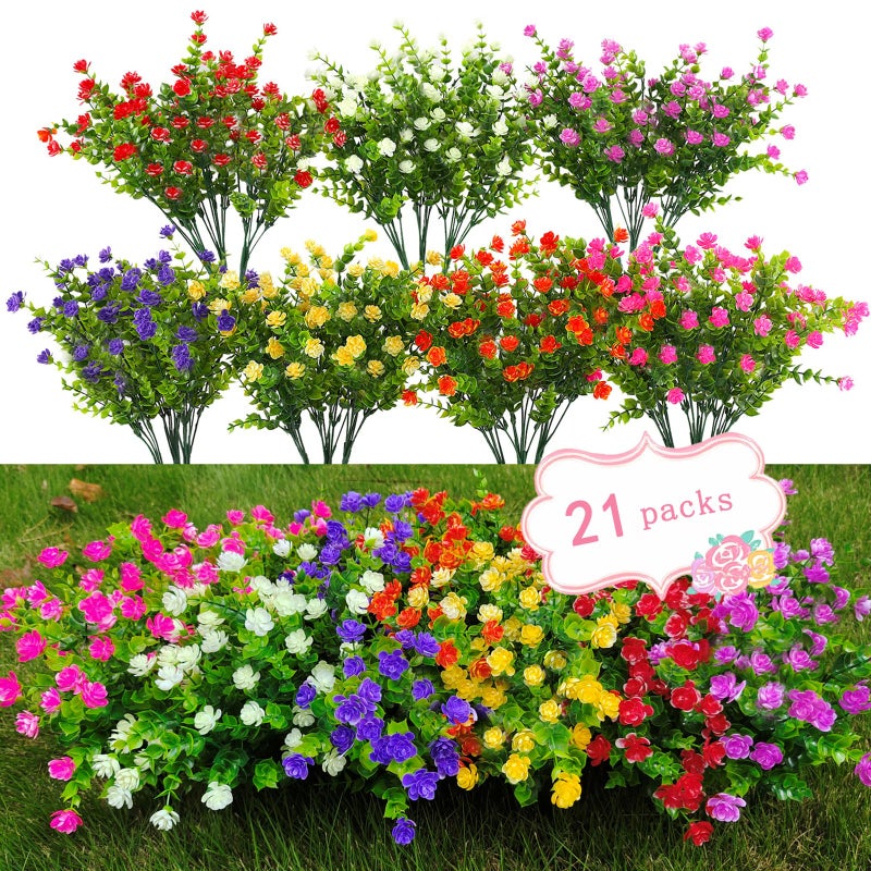 WEAUSUP 21 Bundles Outdoor Faux Plants UV Resistant Faux Bushes Plastic Artificial Flowers Fake Outdoor Plants for Home Garden Decor (7 Colors) - Image 1