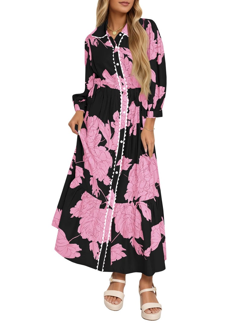 Wenrine Womens Maxi Shirt Dress Casual Floral Collared 3/4 Long Sleeve Drawstring Waist Fall Button Down Dresses Black Pink - Image 1