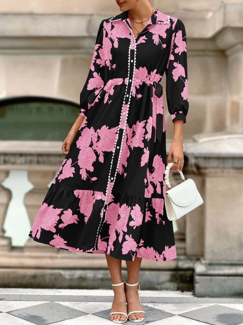 Wenrine Womens Maxi Shirt Dress Casual Floral Collared 3/4 Long Sleeve Drawstring Waist Fall Button Down Dresses Black Pink - Image 2