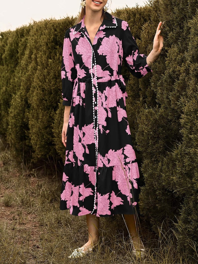 Wenrine Womens Maxi Shirt Dress Casual Floral Collared 3/4 Long Sleeve Drawstring Waist Fall Button Down Dresses Black Pink - Image 5