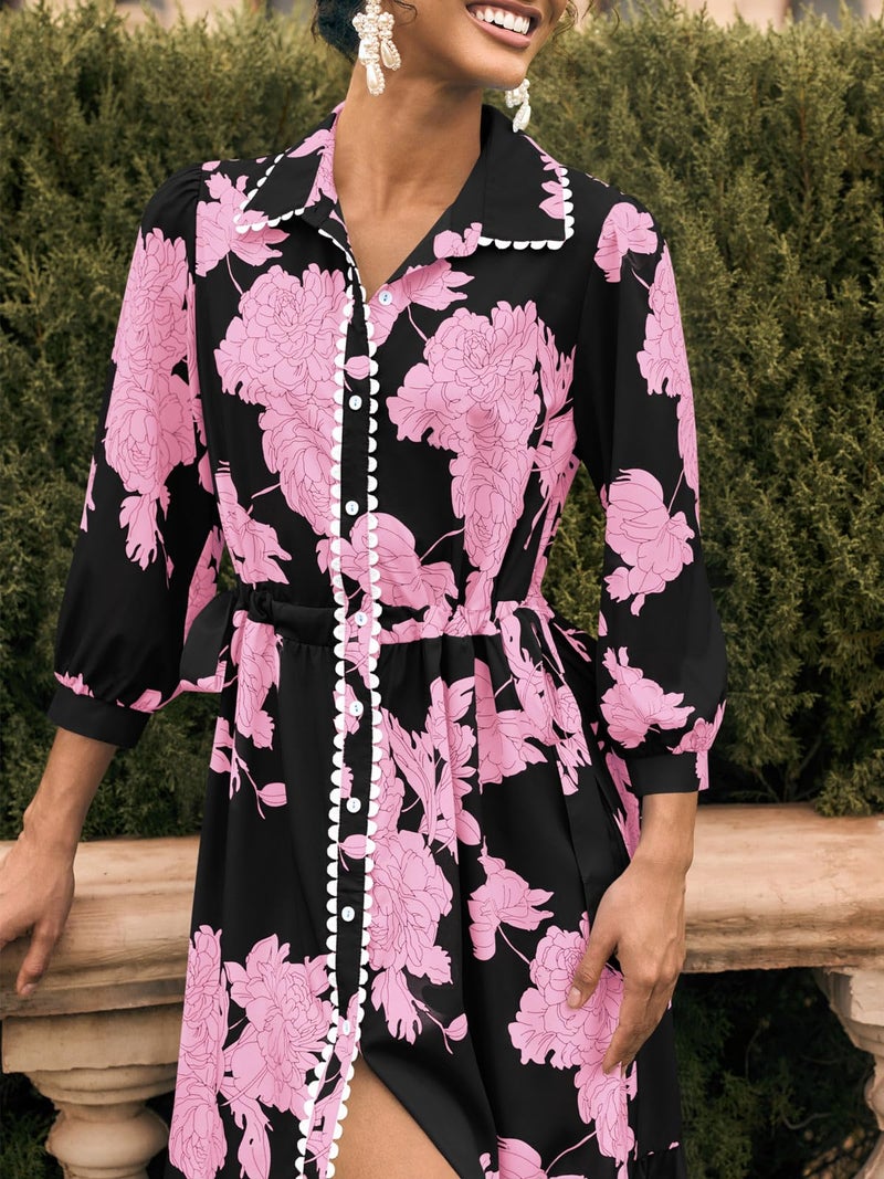 Wenrine Womens Maxi Shirt Dress Casual Floral Collared 3/4 Long Sleeve Drawstring Waist Fall Button Down Dresses Black Pink - Image 4
