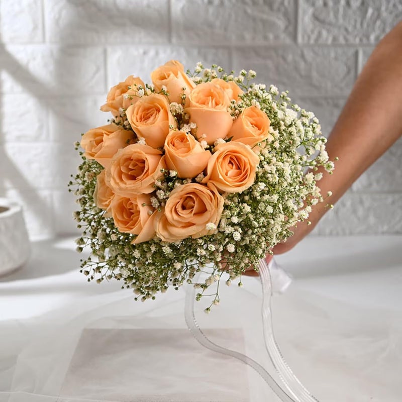 FlowerAura Fresh Live Flower Bouquet of 12 Peach Roses For Birthday Gift Anniversary Gift Wedding Gift Valentines Day Gift Baby Shower Gift Bridal Bouquet For Bride Same Day Delivery - Image 1