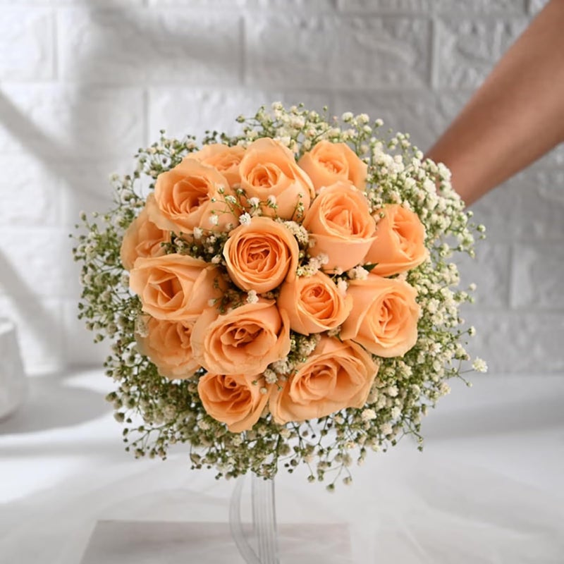 FlowerAura Fresh Live Flower Bouquet of 12 Peach Roses For Birthday Gift Anniversary Gift Wedding Gift Valentines Day Gift Baby Shower Gift Bridal Bouquet For Bride Same Day Delivery - Image 2