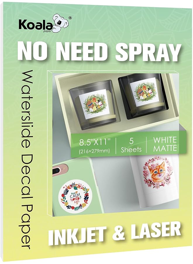 erorex Matte Waterslide Decal For Inkjet And Laser Printers No Need Spray Coating White 8.5X11 Inch Water Slide For Diy Tumbler Mug Nail Crafts 5 Sheets - Image 1