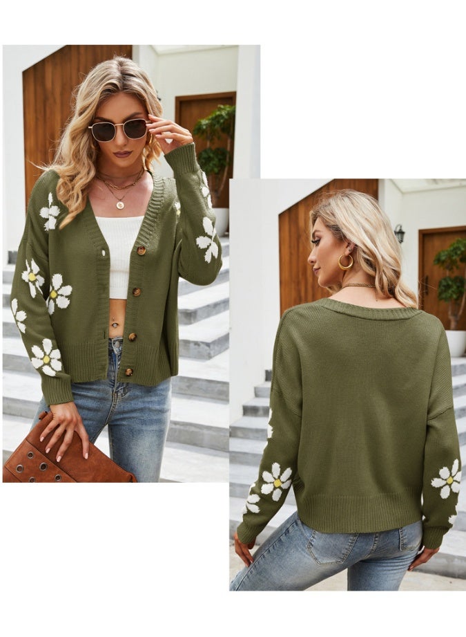 NIBEMINENT Women Loose Knit Cardigan V-neck Long Sleeve Button-down Flower Pattern Sweater Knitwear Spring Fall Casual Tops - Image 2