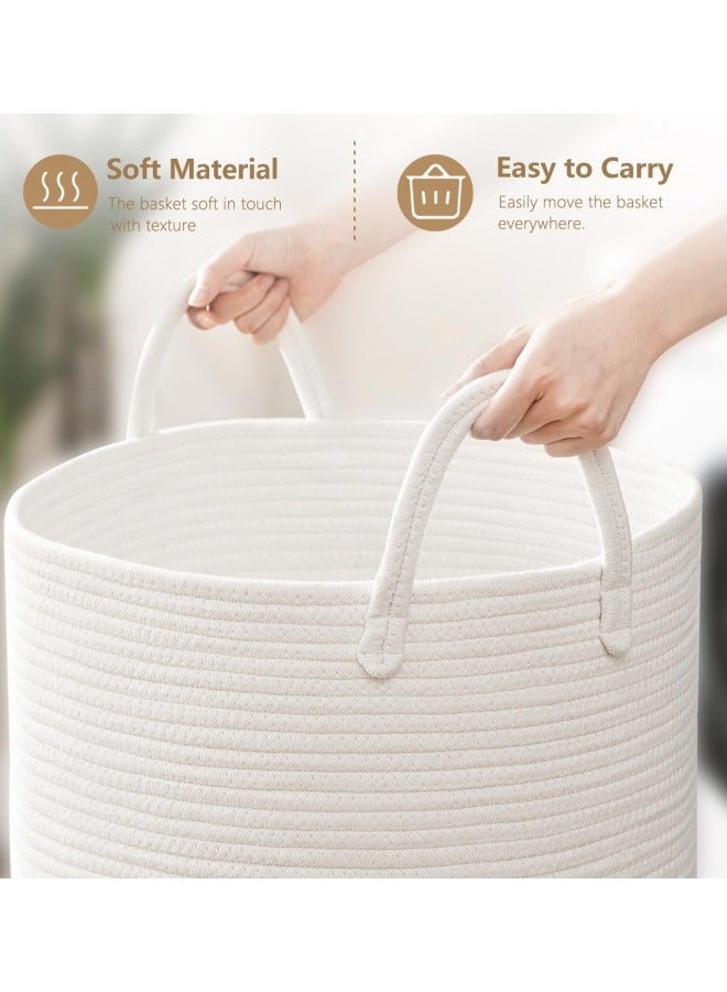 جيجيرو سلة غسيل من الحبال المنسوجة باللون الأبيض، سلة غسيل بطول 58 لترًا، سلة غسيل للملابس المتسخة بمقبض، سلة تخزين قطنية لألعاب الحمام والبطانيات 40 × 50 سم - Image 2
