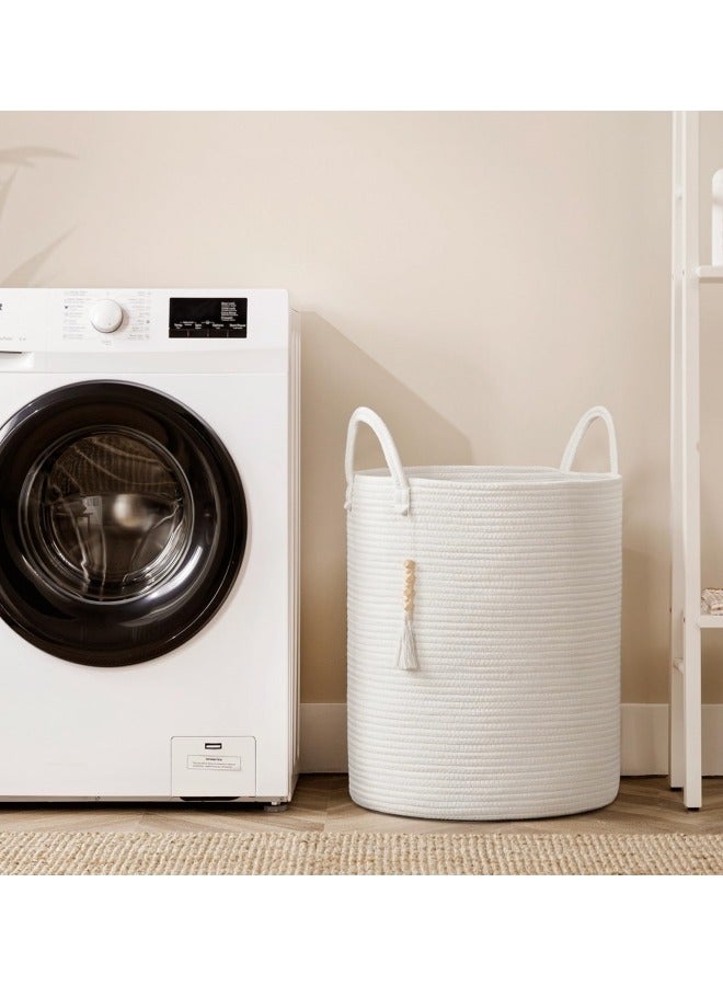 جيجيرو سلة غسيل من الحبال المنسوجة باللون الأبيض، سلة غسيل بطول 58 لترًا، سلة غسيل للملابس المتسخة بمقبض، سلة تخزين قطنية لألعاب الحمام والبطانيات 40 × 50 سم - Image 4