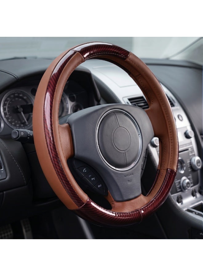 Manful Luxury Wood Grain & Leather Steering Wheel Cover 15 Inch (37–38 cm) – Universal Fit, Anti-Slip Grip, Heat Resistant, Premium PU Leather, Stylish Car Interior Accessory - Image 1