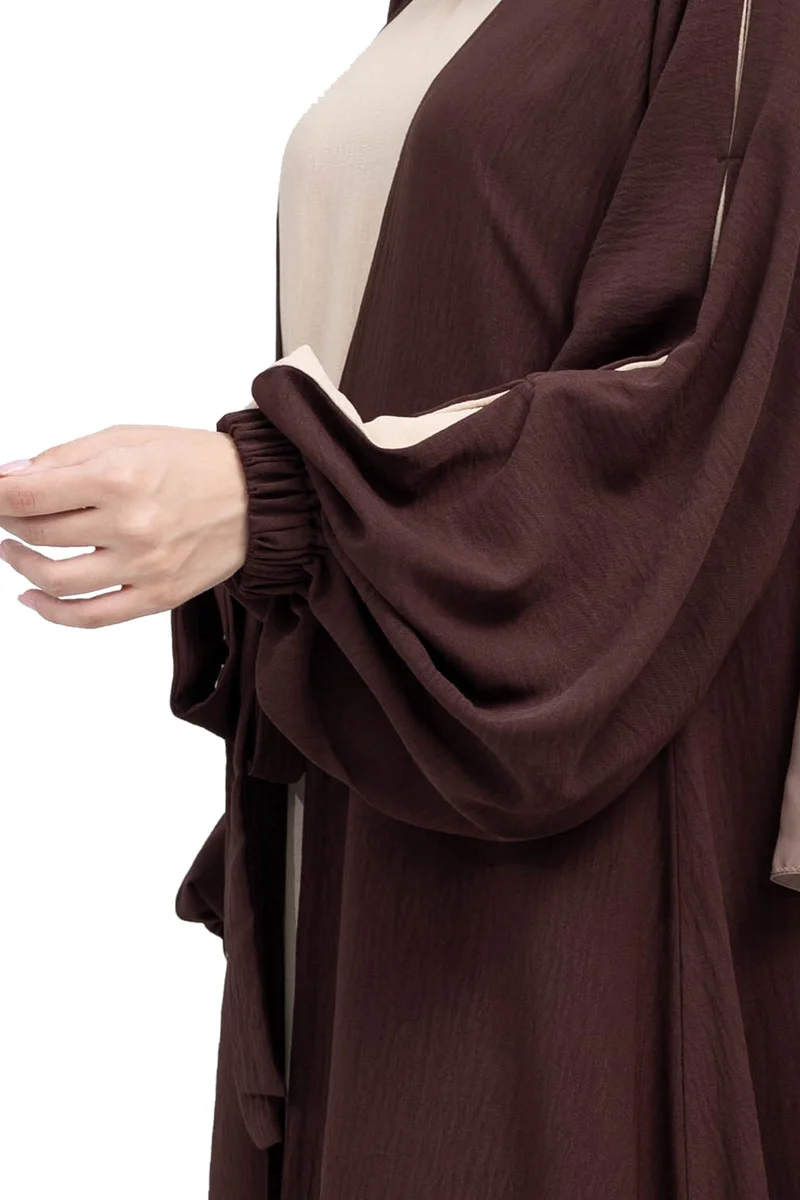 NUKHBAA Elegant Dark Brown and Beige CY fabric Abaya with Waist Tie detail and Hijab-641