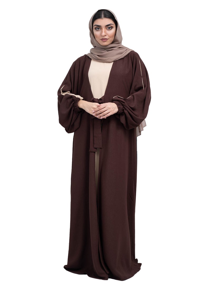 NUKHBAA Elegant Dark Brown and Beige CY fabric Abaya with Waist Tie detail and Hijab-641  - Image 1