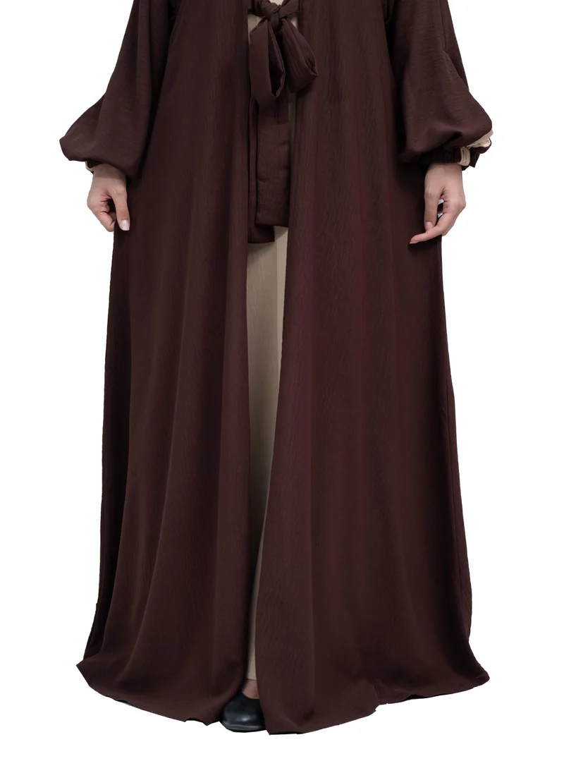 NUKHBAA Elegant Dark Brown and Beige CY fabric Abaya with Waist Tie detail and Hijab-641