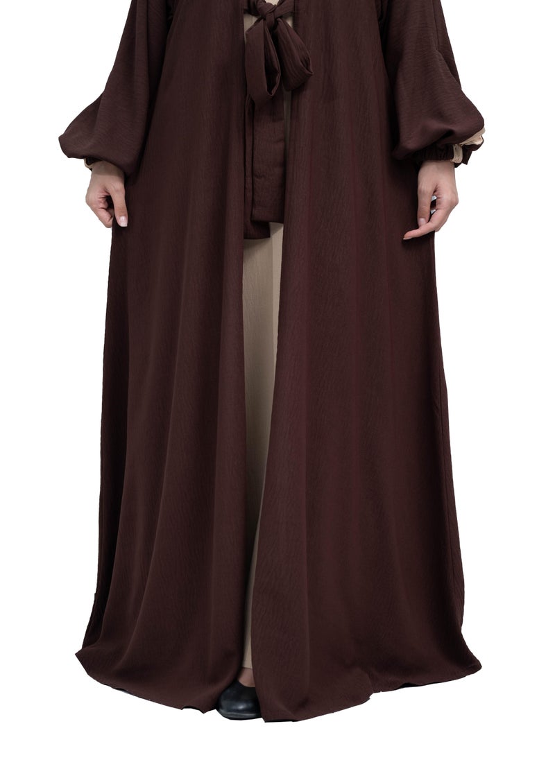 NUKHBAA Elegant Dark Brown and Beige CY fabric Abaya with Waist Tie detail and Hijab-641  - Image 3
