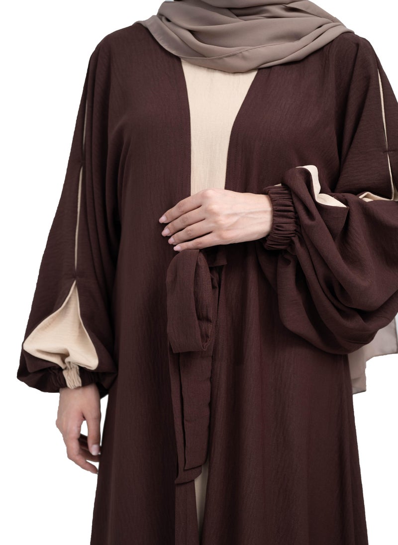 NUKHBAA Elegant Dark Brown and Beige CY fabric Abaya with Waist Tie detail and Hijab-641  - Image 2