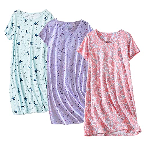 PNAEONG 3 Pack Women's Cotton Nightgown Sleepwear Short Sleeves Shirt Casual Print Sleepdress SY003-Paisley+Purple+Star-3XL - Image 1